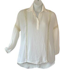 Harlowe & Graham Ivory Chiffon Crepe Tunic Popover with Crocheted Lace  Size M